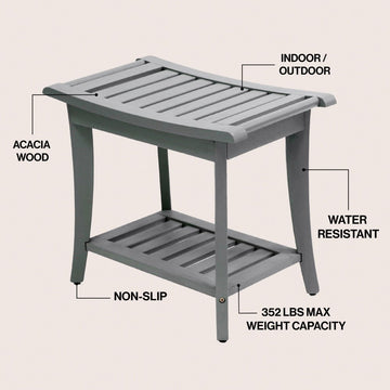 Tucker 22.1" Traditional Classic Slatted Solid Acacia Wood Indoor/Outdoor Shower Bench with Shelf and Handle